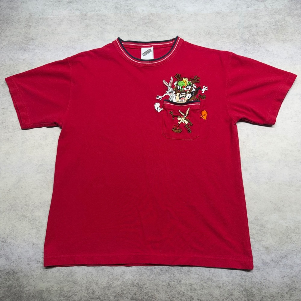 VTG Warner Bros Looney Tunes Mens Size S Red Embroidered Pocket Character TShirt